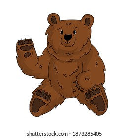 Isolated Hand drawn happy bear grizzly is waving hand and sits on white background