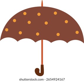 Isolated hand drawn illustration of a brown umbrella with orange polka dots and a matching handle. Ideal vector clip art for autumn weather themes and whimsical designs.