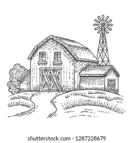 Isolated hand drawn illustration of farm house. Isolated on white background.