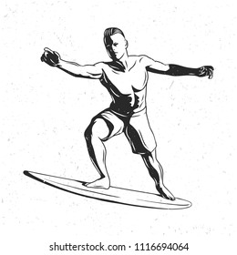 Isolated hand drawn illustration of man riding on surfing board