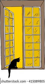 Isolated hand drawn illustration of open casement window and cat with yellow sky