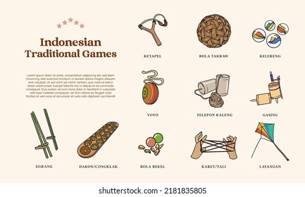 Isolated Hand drawn Indonesian Traditional Games. 90s childrens games illustration.