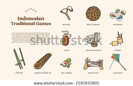 Isolated Hand drawn Indonesian Traditional Games. 90s childrens games illustration.
