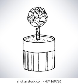 Isolated hand drawn line art of a potted plant