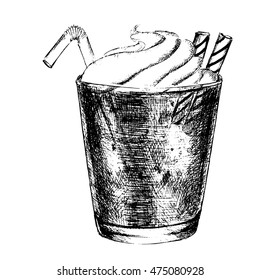 Isolated hand drawn milkshake on white background. Vintage cocktail with whipped cream and straw. Decoration for cafe or restaurant.