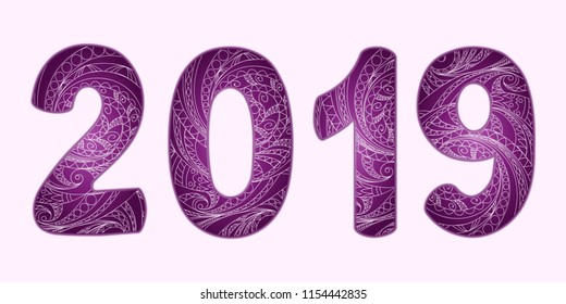 Isolated hand drawn numbers 2019 patterned with zen tangled shapes. Handwritten font 2019 with visual three-dimensional effect for decorate calendar, banner, new year card. eps 10
