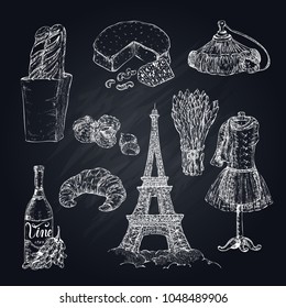 Isolated hand drawn paris elements set on chalkboard with french food clothes tree and eiffel tower vector illustration