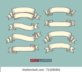Isolated hand drawn ribbon banners set. Vintage style elements for your design works. Vector illustration.