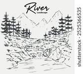 Isolated hand drawn river mountain river land scape illustration