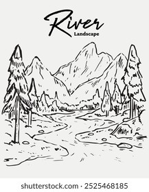 Ilustración de paisaje de río de montaña dibujado a mano aislado