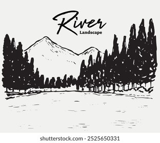 Isolated hand drawn river mountain river land scape illustration 6 