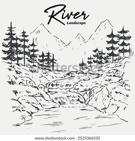 Isolated hand drawn river mountain river land scape illustration