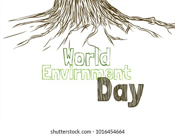 Isolated hand drawn roots on the white background. Earth day. World environment day. Vector illustration.Poster with tree and text
