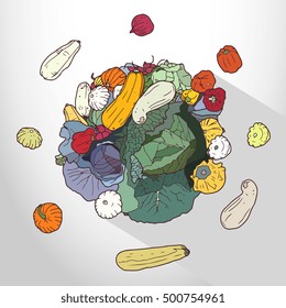 Isolated hand drawn round frame with vegetables