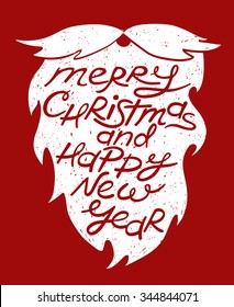 Isolated hand drawn Santa's beard and moustache with greeting text on a red background.