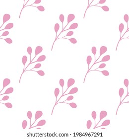 Isolated hand drawn seamless pattern with pink colored eucalyptus leaves print. White background. Designed for fabric design, textile print, wrapping, cover. Vector illustration.