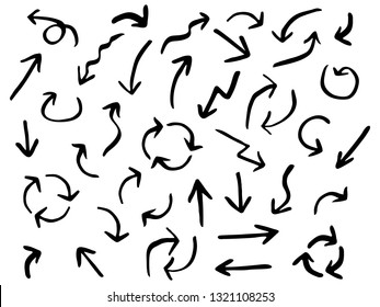 Isolated hand drawn set of black arrows on white background. Collection arrow design templates. Vector illustration.