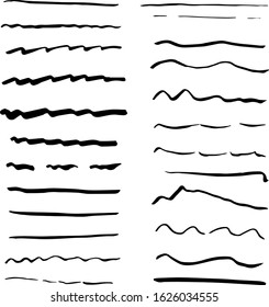 Isolated hand drawn set of black lines text labeling elements on white background. Collection underline strokes in marker brush doodle. Vector illustration.