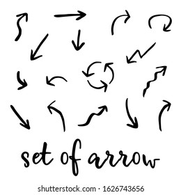 Isolated hand drawn set of black arrows on white background. Collection arrow design templates. Vector illustration.