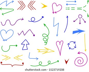 Isolated hand drawn simple arrows colorful set on a white background. Vector illustration graphic elements.