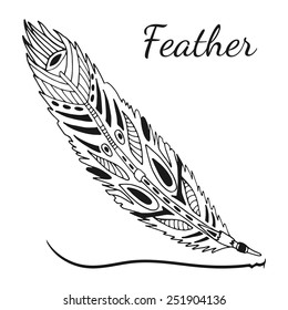 Isolated hand drawn sketch feather with abstract pattern on a white background.