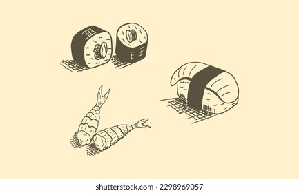 Esbozo aislado, dibujado a mano ilustra el vector del sushi.