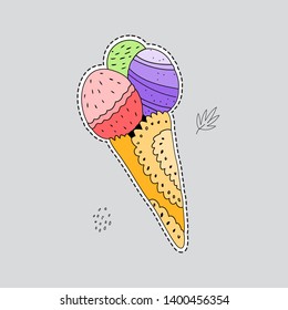 Isolated hand drawn soft multicolored ice cream in a cone. Apple, orange and mint ice cream. Great for sticker, logo, badge, pin, label, embroidery, emblem, icon, print.1