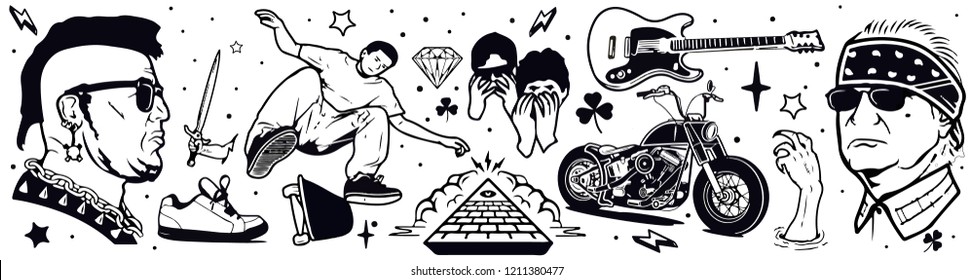 Isolated hand drawn thug life punk rock tattoo and biker's elements with motorbike, guitar and knife vector illustration banner on white background