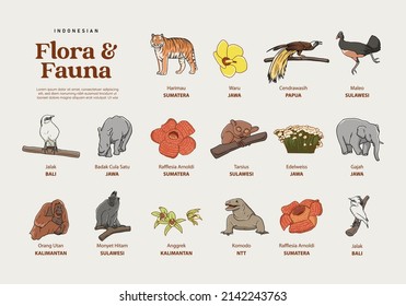 Isolated Hand drawn various Indonesian flora and fauna illustration