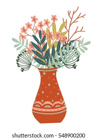 Isolated hand drawn vase of flowers, leaves and branches. Decorative element for design invitations and holiday cards, vector illustration