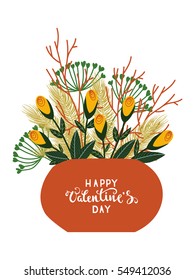 Isolated hand drawn vase of flowers, leaves and branches. Happy Valentines Day lettering, vector illustration