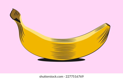 Isolated hand drawn vector banana on pink background.Pop art, comics style vector illustration
