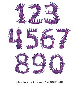 Isolated hand drawn vector colorful design cartoon set of numbers with crowns