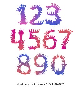 Isolated hand drawn vector colorful design cartoon set of numbers with crowns