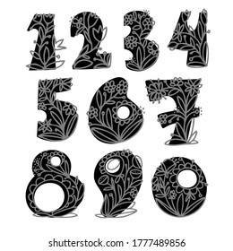 Isolated hand drawn vector design cartoon set of numbers with floral ornaments. Perfect for books, posters, stickers, decorations, stationary, notebooks.