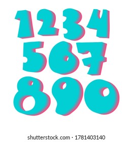 Isolated hand drawn vector design cartoon set of numbers with blue pink gradient. Perfect for books, posters, stickers, decorations, stationary, notebooks.