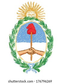 isolated hand drawn vector emblem of argentina - yellow sun, wreath, oval, blue, stick, hat, handshake, ribbon on white background