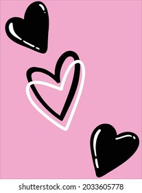 Isolated hand drawn vector graphic element, black and white mini hearts on pink background, sketch doodle cartoon style, sticker, tattoo, texture design