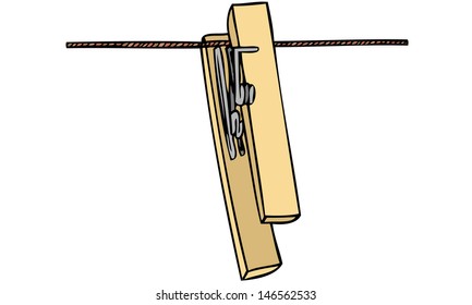 An isolated hand drawn vector illustration sketch of an empty wooden or plastic clothes peg hanging on a washing line.  