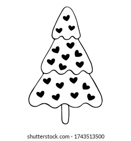 Isolated hand drawn vector illustration of Christmas tree with hearts in doole style. for greeting cards and invitations of the Merry Christmas, Happy New Year. Christmas decorations. 
