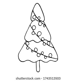 Abgeschiedene, handgezeichnete Vektorgrafik des Weihnachtsbaumes mit Garland im Doolstil. für die Grußkarten und Einladungen der frohen Weihnachten, Happy New Year. Weihnachtsdekorationen. 