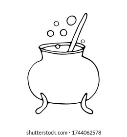 Isolated hand drawn vector illustration of cauldron with potion in doodle style. Halloween's magic element for festival design, invitation, greeting card, poster. Graphic element.
