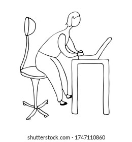 Isolated hand drawn vector illustration of student or worker sitting at the table on qurantine in doodle style. Online education, freelancer in home office.