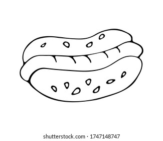 Isolated hand drawn vector illustration of hot dog in doodle style.  Unhealthy fast food is element of October Fest.