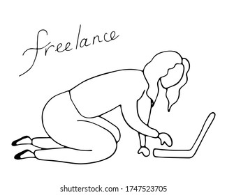 Isolated hand drawn vector illustration of student or worker sitting on the floor on qurantine in doodle style. Online education, freelancer in home office.