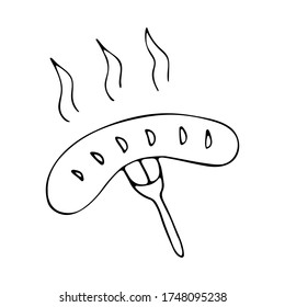 Isolated hand drawn vector illustration of a sausage in doodle style. Traditional german beer holiday in october. Element of October Fest .Design for flyer, leaflet, invitation or poster.