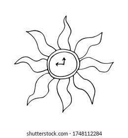 Isolación de la ilustración vectorial de reloj en forma de sol en estilo doodle. Elemento interior.