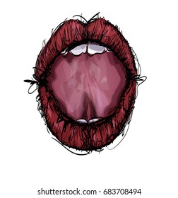 Isolated Hand Drawn Vector Illustration of Sexy Full Red Lips with an Open Mouth and Teeth