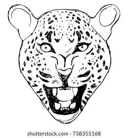 Isolated hand drawn vector illustration of leopard's face. Black ink sketch silhouette on white background.