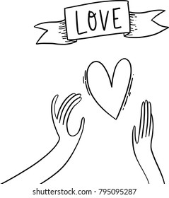 Isolated hand drawn vector illustration of two hands, heart and world love, cute doodle style